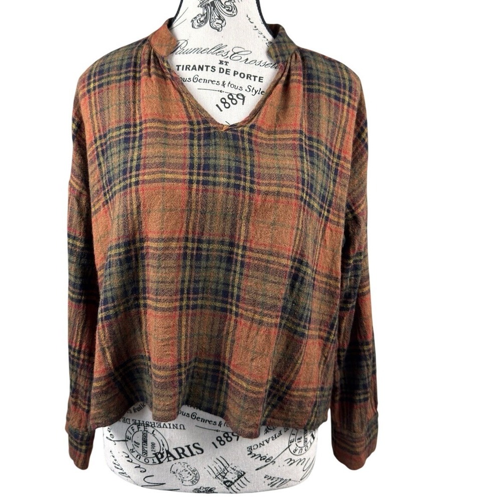 Madewell Women's Plaid Blouse Brown Orange M V-Neck Long Sleeve Fall Boho - Picture 2 of 8